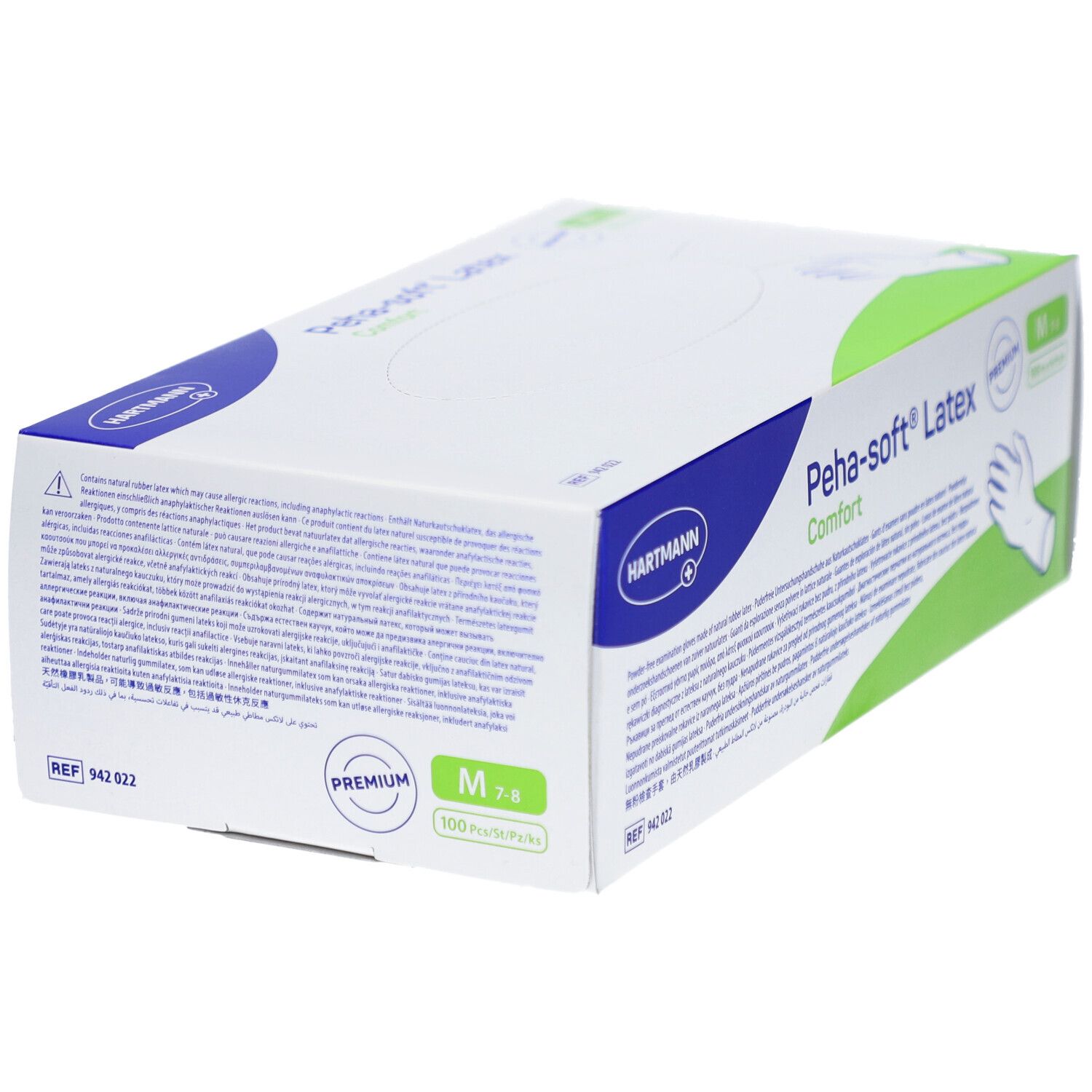 Vista obliqua della confezione di guanti da esaminazione Peha-soft® Latex Comfort. Logo, nome prodotto, taglia M.