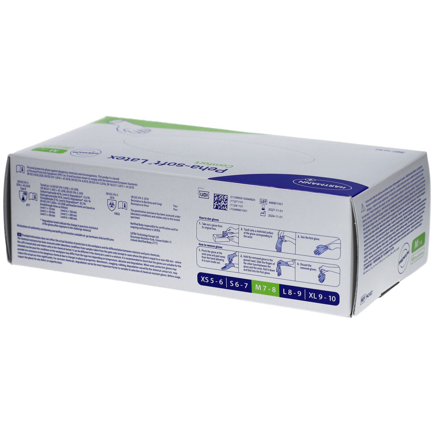 Retro della confezione di guanti da esaminazione Peha-soft® Latex Comfort. Taglie, pittogrammi, informazioni sul prodotto.