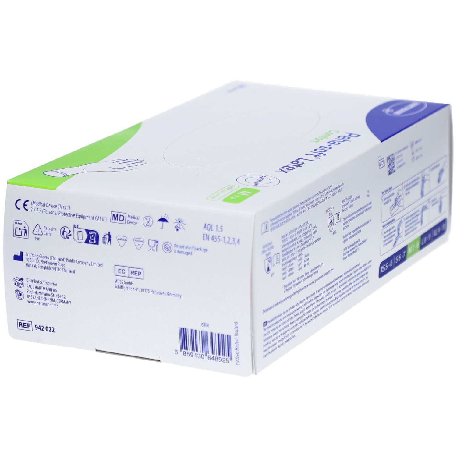 Retro della confezione di guanti da esaminazione Peha-soft® Latex Comfort. Pittogrammi, informazioni sul prodotto, codice a barre.