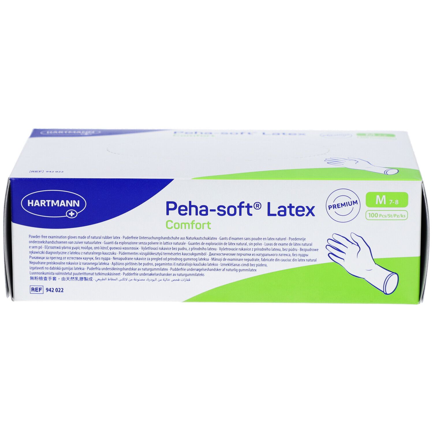 Confezione di guanti da esaminazione Peha-soft® Latex Comfort. Logo, nome prodotto, taglia M, 100 pezzi.