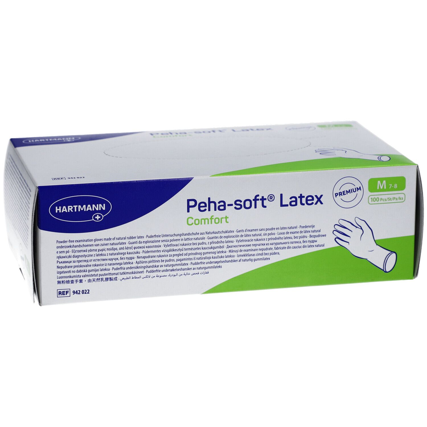 Confezione di guanti da esaminazione Peha-soft® Latex Comfort. Logo, nome prodotto, taglia M, 100 pezzi.