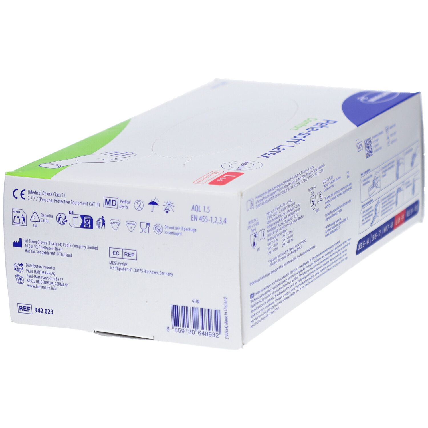 Lato della confezione di guanti da esame Peha-soft® Latex Comfort. Pittogrammi, marcatura CE e codice a barre.