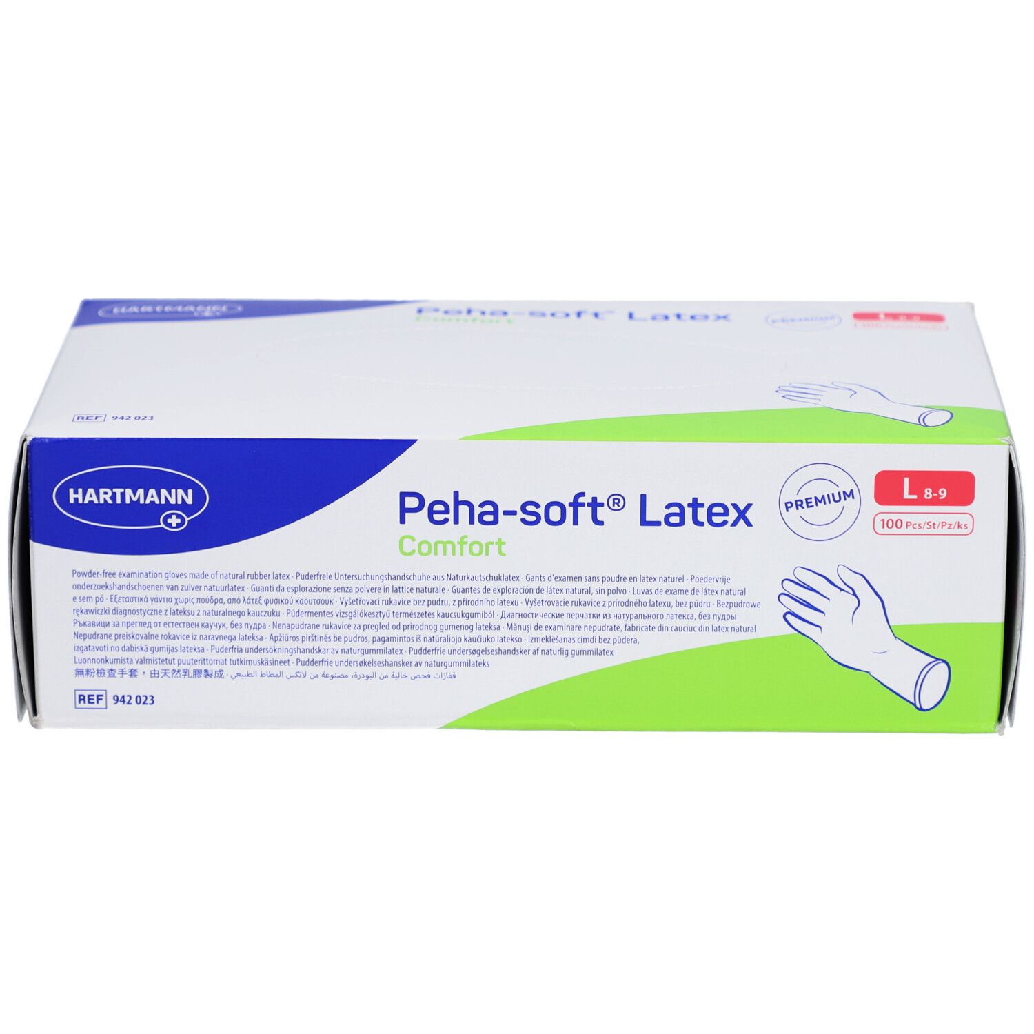 Confezione di guanti da esame Peha-soft® Latex Comfort Gr. L, non sterili. Logo Hartmann e illustrazione guanto.