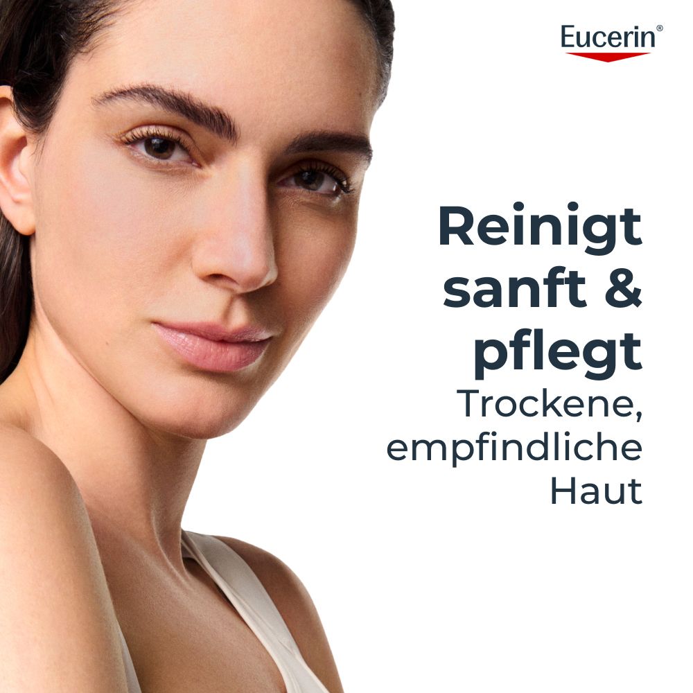 Donna con pelle liscia, Eucerin deterge delicatamente e cura la pelle secca e sensibile.