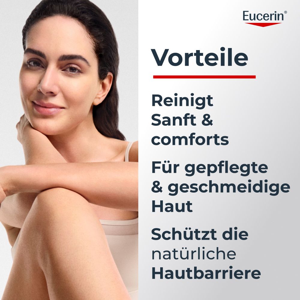 Donna con pelle curata, Eucerin deterge delicatamente, protegge la barriera cutanea.