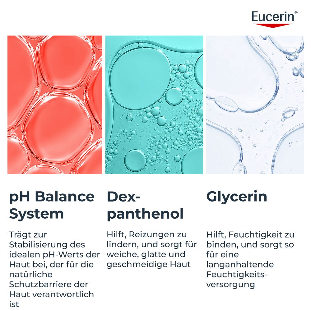 Sistema Eucerin pH Balance, Dexpantenolo e oli naturali per la cura della pelle.