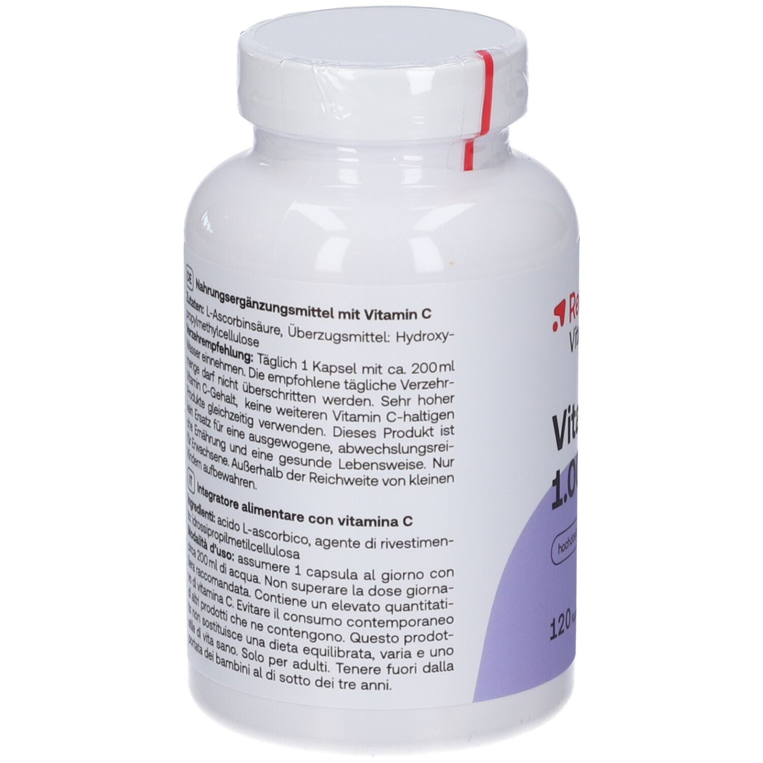 Retro del flacone di vitamina C. Testo in tedesco e italiano. Ingredienti, istruzioni per l'uso, ingredienti.