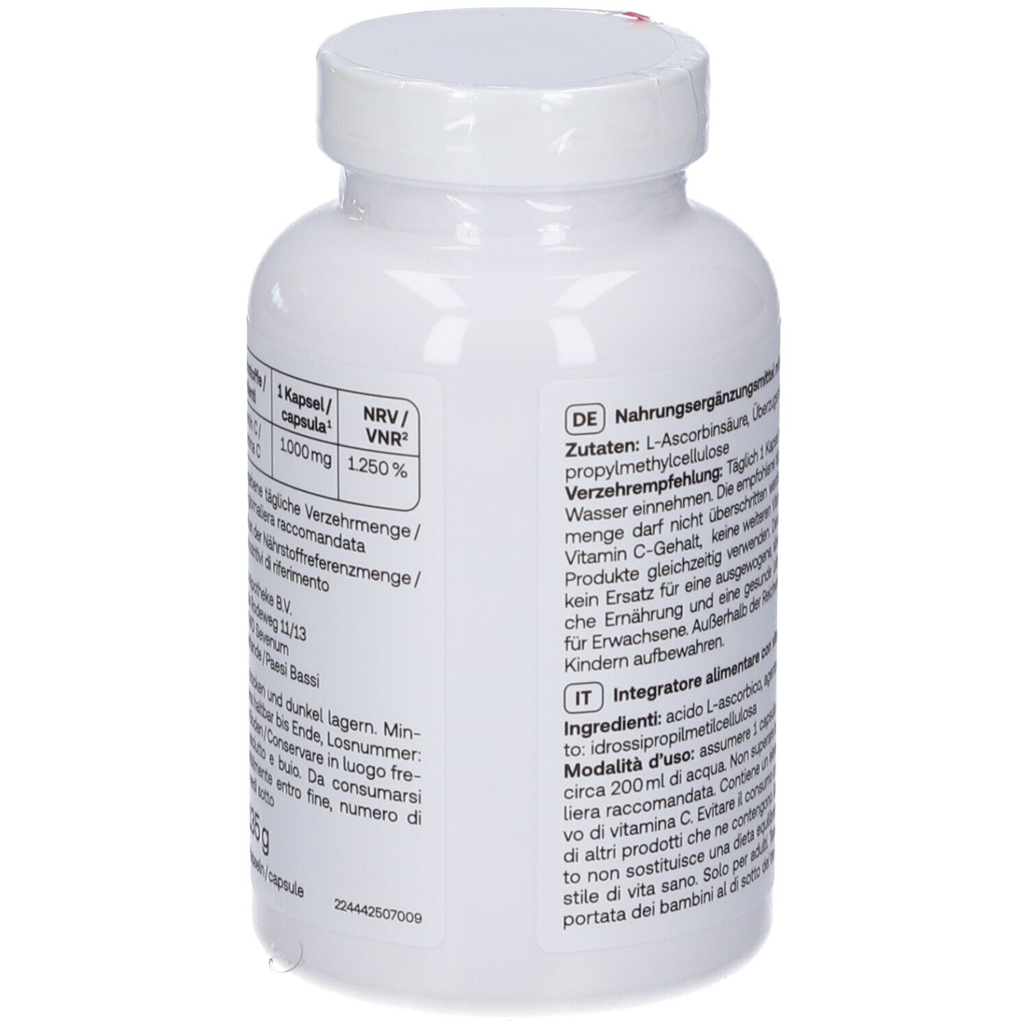 Retro del flacone di vitamina C. Testo in tedesco e italiano. Ingredienti, dosaggio, informazioni.