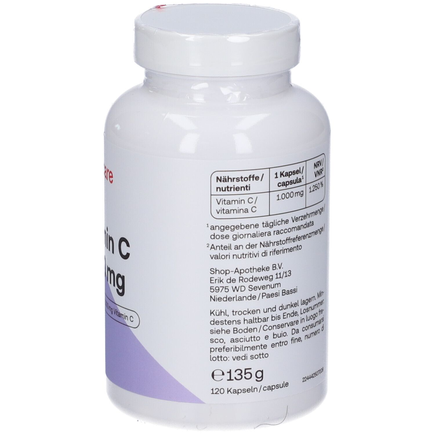 Retro del flacone di vitamina C. Testo in tedesco e olandese. Ingredienti, dosaggio, informazioni.