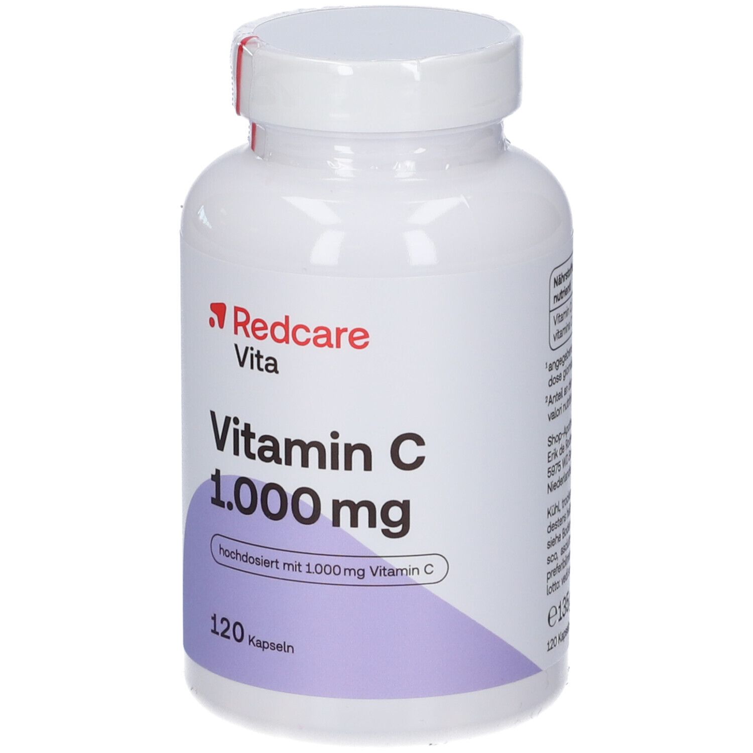 Flacone bianco di vitamina C. Scritta: Redcare Vita, Vitamina C 1.000 mg, 120 capsule.