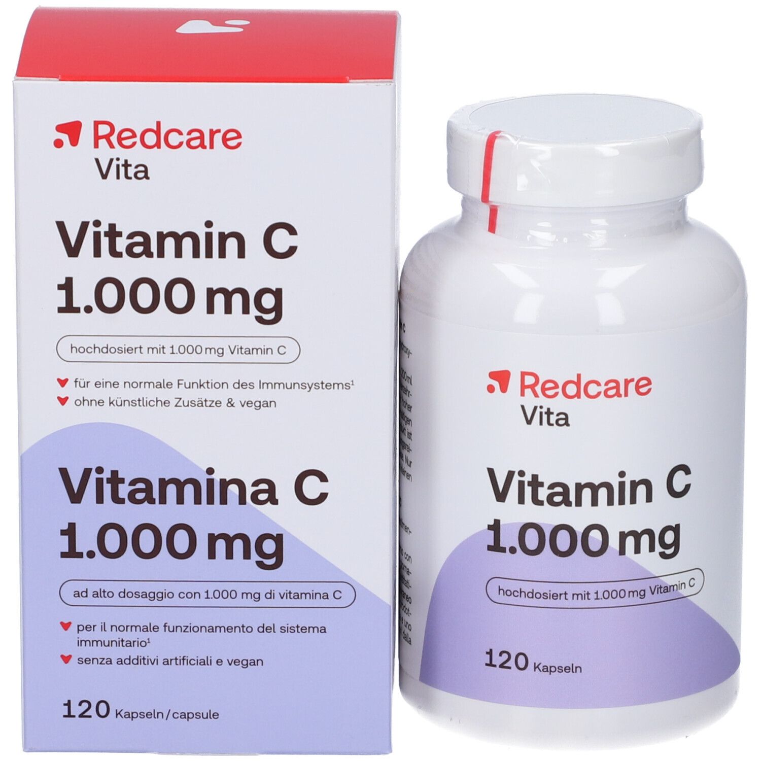 Flacone e scatola di vitamina C. Scritta: Redcare Vita, Vitamina C 1.000 mg, 120 capsule. Vegano.
