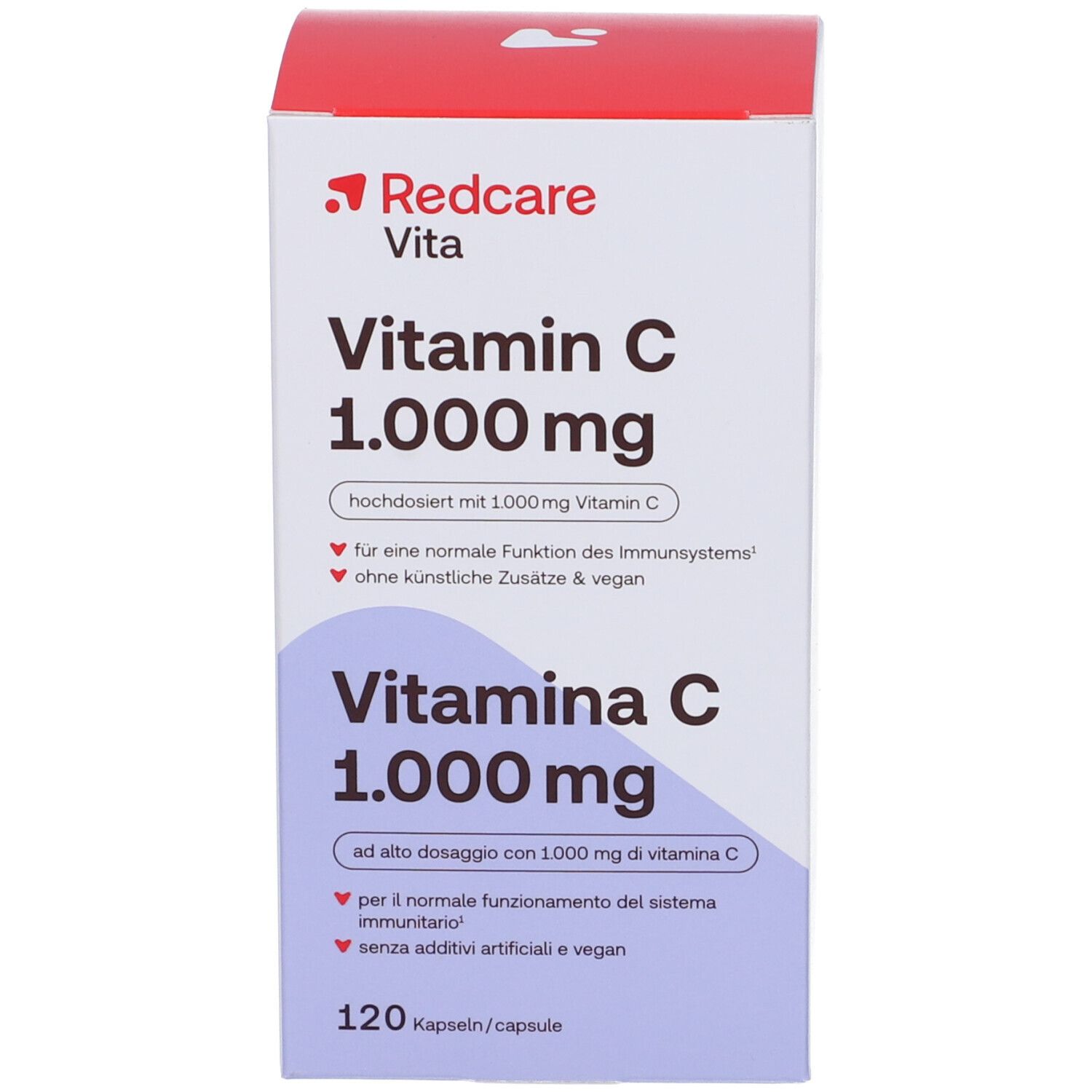 Scatola di vitamina C. Scritta: Redcare Vita, Vitamina C 1.000 mg, 120 capsule. Vegano.