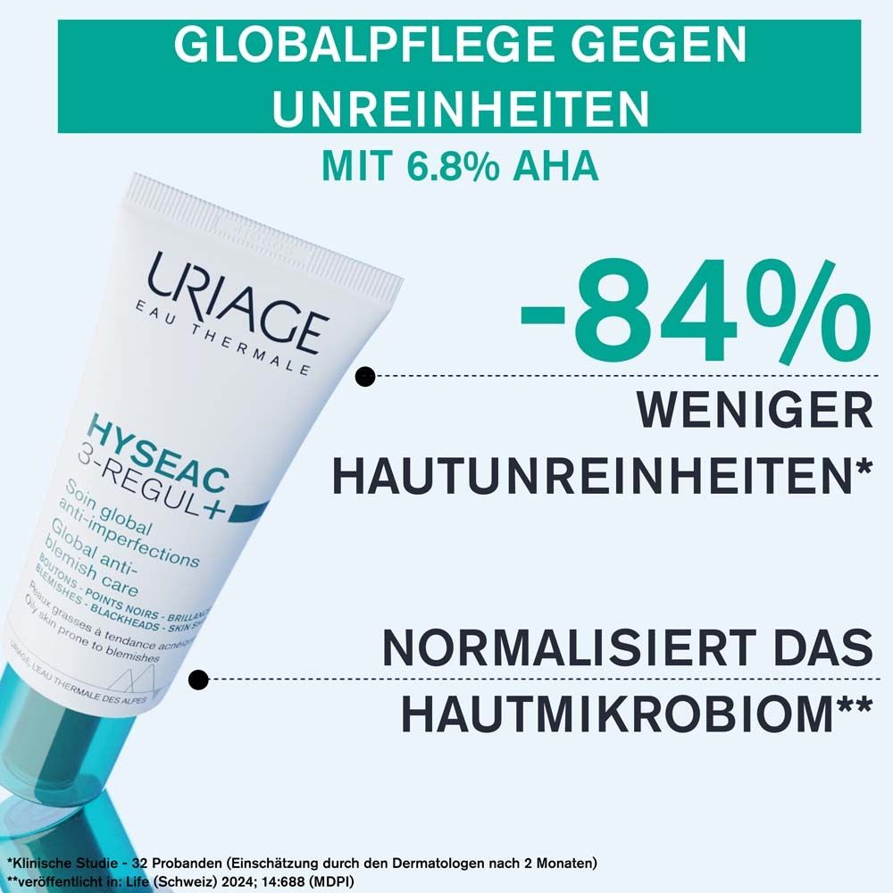 Tubo del prodotto e testo. Testo: Cura globale contro le imperfezioni, -84% in meno di imperfezioni cutanee, normalizza il microbioma cutaneo.
