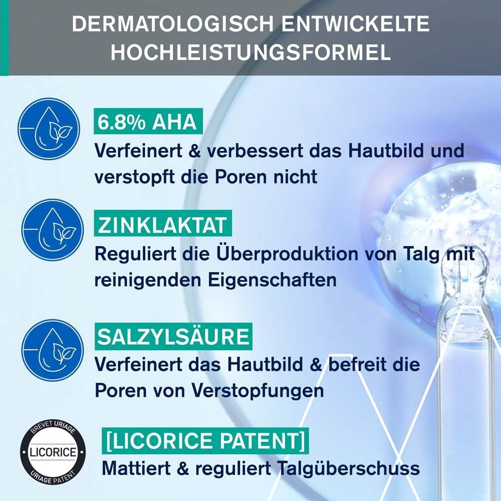 Testo: Formula ad alte prestazioni sviluppata dermatologicamente. 6,8% AHA, Lattato di zinco, Acido salicilico, [Licorice Patent].