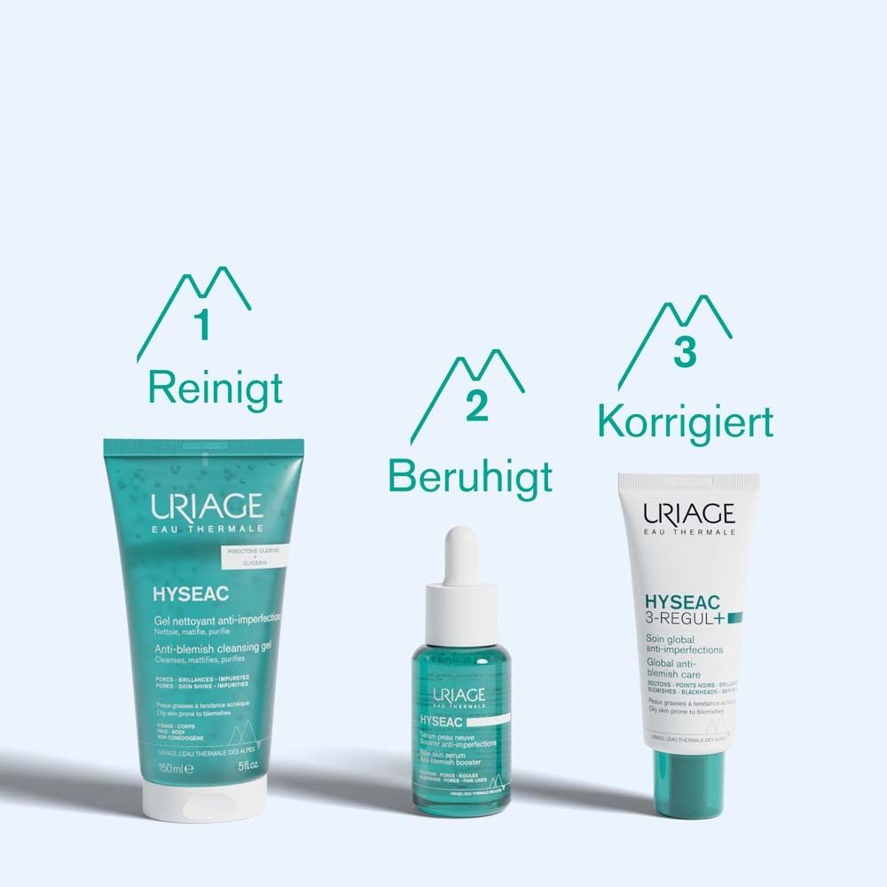 Tre prodotti. 1. Deterge. 2. Lenisce. 3. Corregge. Prodotti Uriage Hyseac.