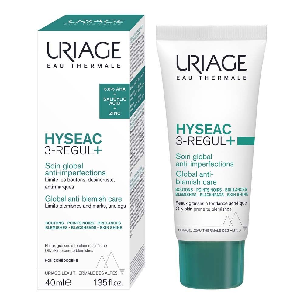 Tubo del prodotto e confezione. Testo: Uriage Hyseac 3-Regul+. 40ml, 1.35 fl.oz. 6,8% AHA, Acido salicilico, Zinco.