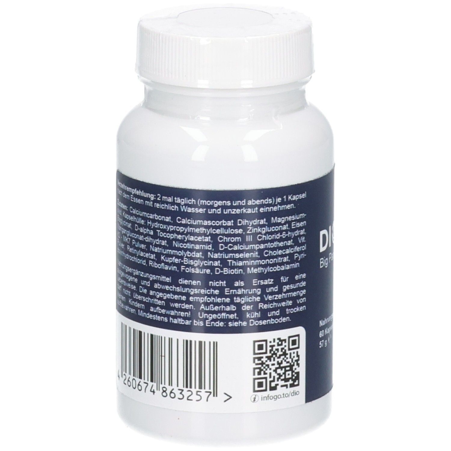 Retro del barattolo DIOPTIK Big Pack Capsule con elenco ingredienti e codice a barre.