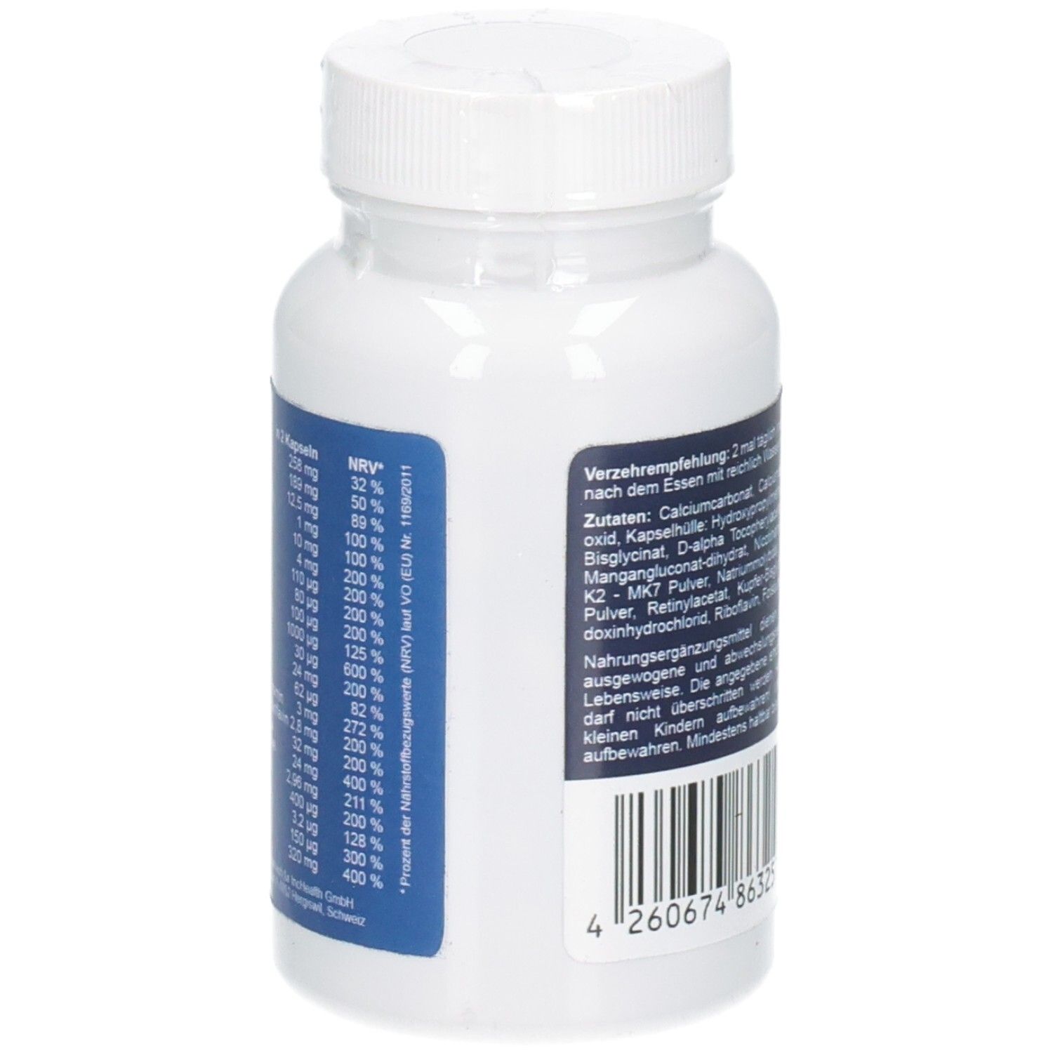 Vista laterale del barattolo DIOPTIK Big Pack Capsule con tabella nutrizionale.