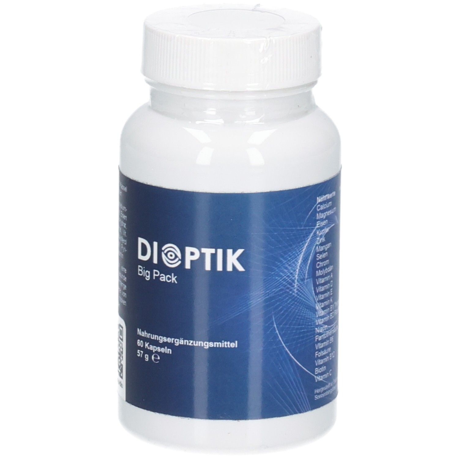DIOPTIK Big Pack Capsule: Barattolo con etichetta blu, mostra il nome del marchio e le informazioni sul prodotto.