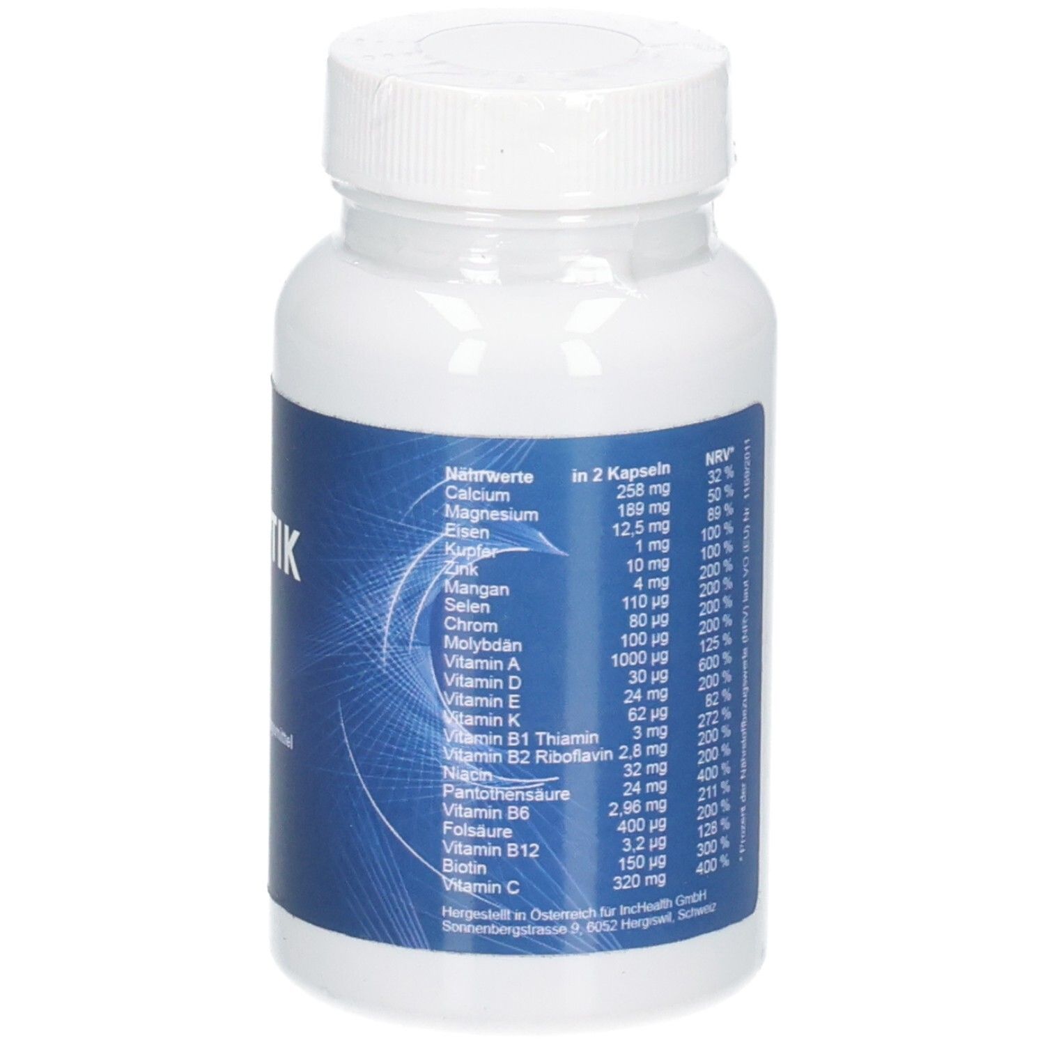 Primo piano del barattolo DIOPTIK Big Pack Capsule, tabella nutrizionale con vitamine e minerali.