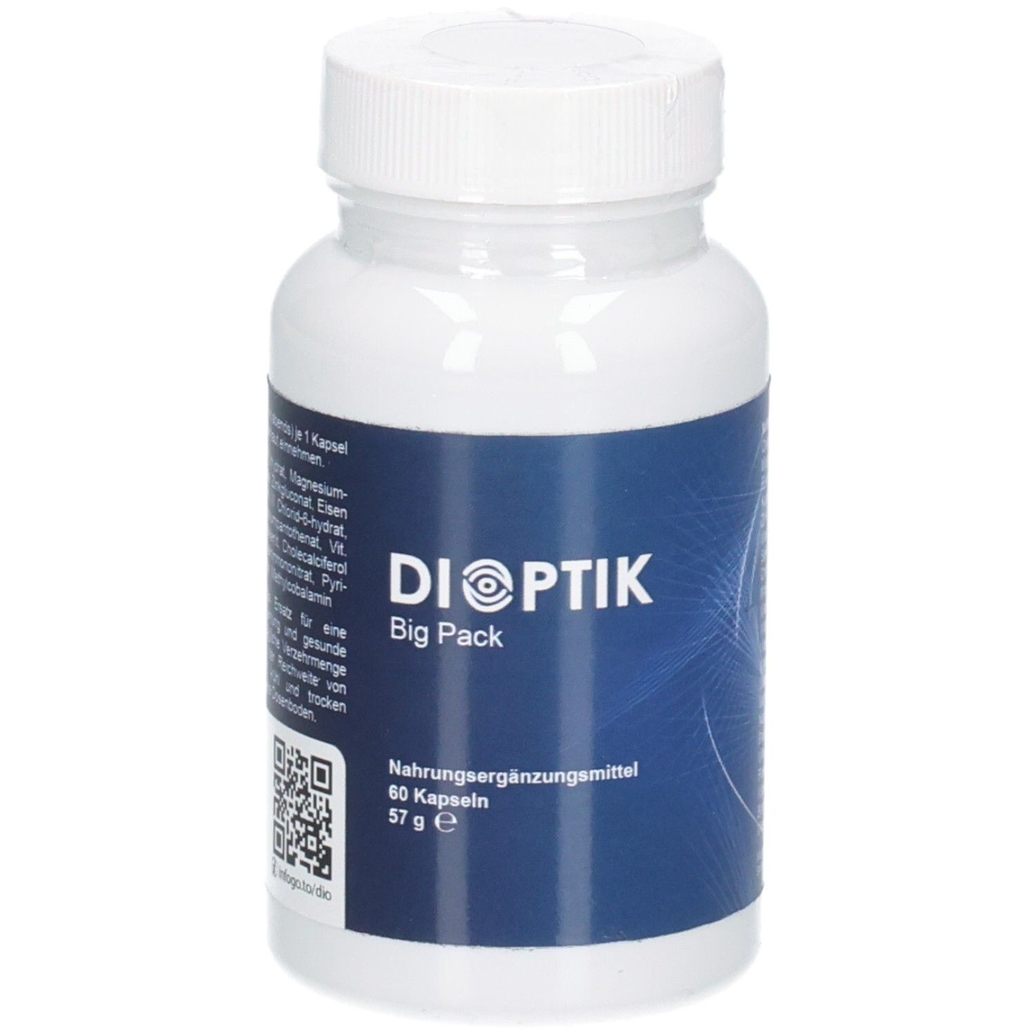 DIOPTIK Big Pack Capsule: Barattolo bianco con etichetta blu, 60 capsule, 57 g, vista frontale.