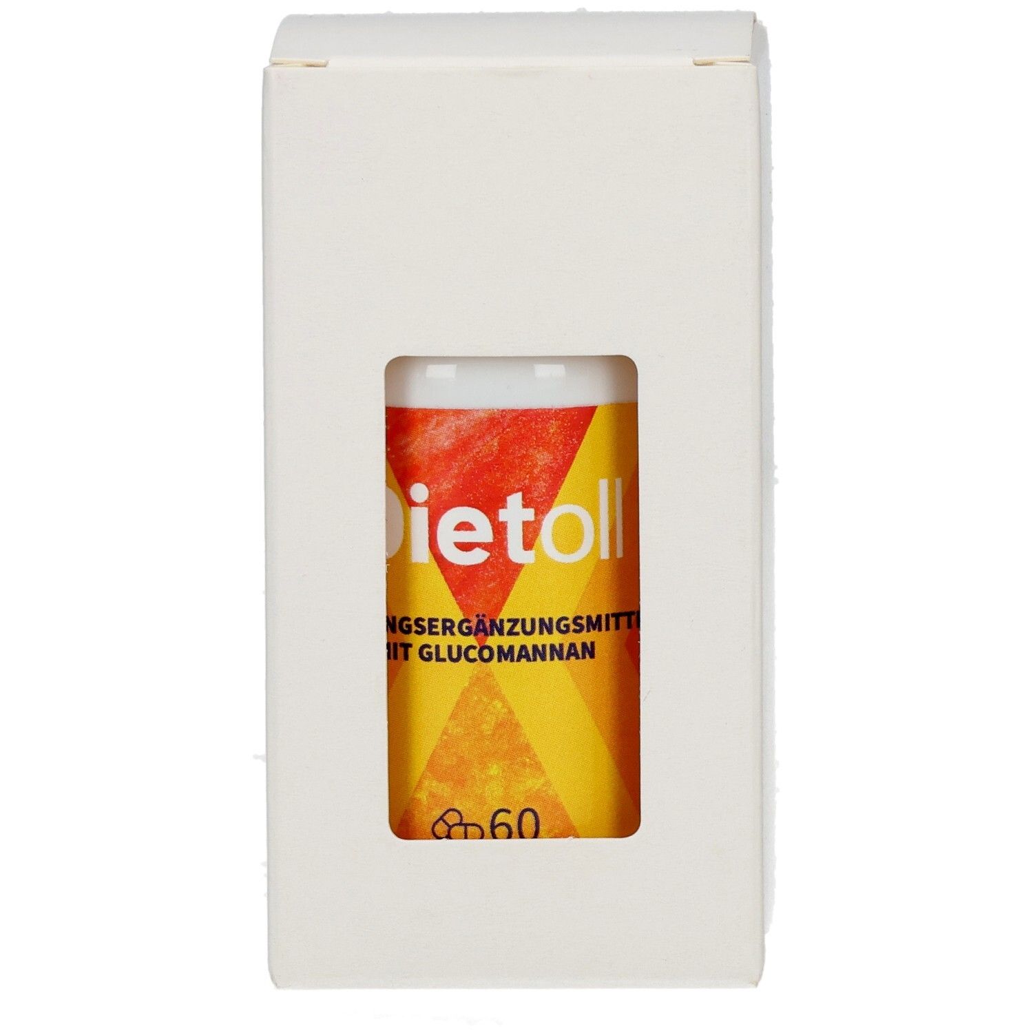 Confezione con finestra, mostra una bottiglia di Dietoll con glucomannano e il numero 60.