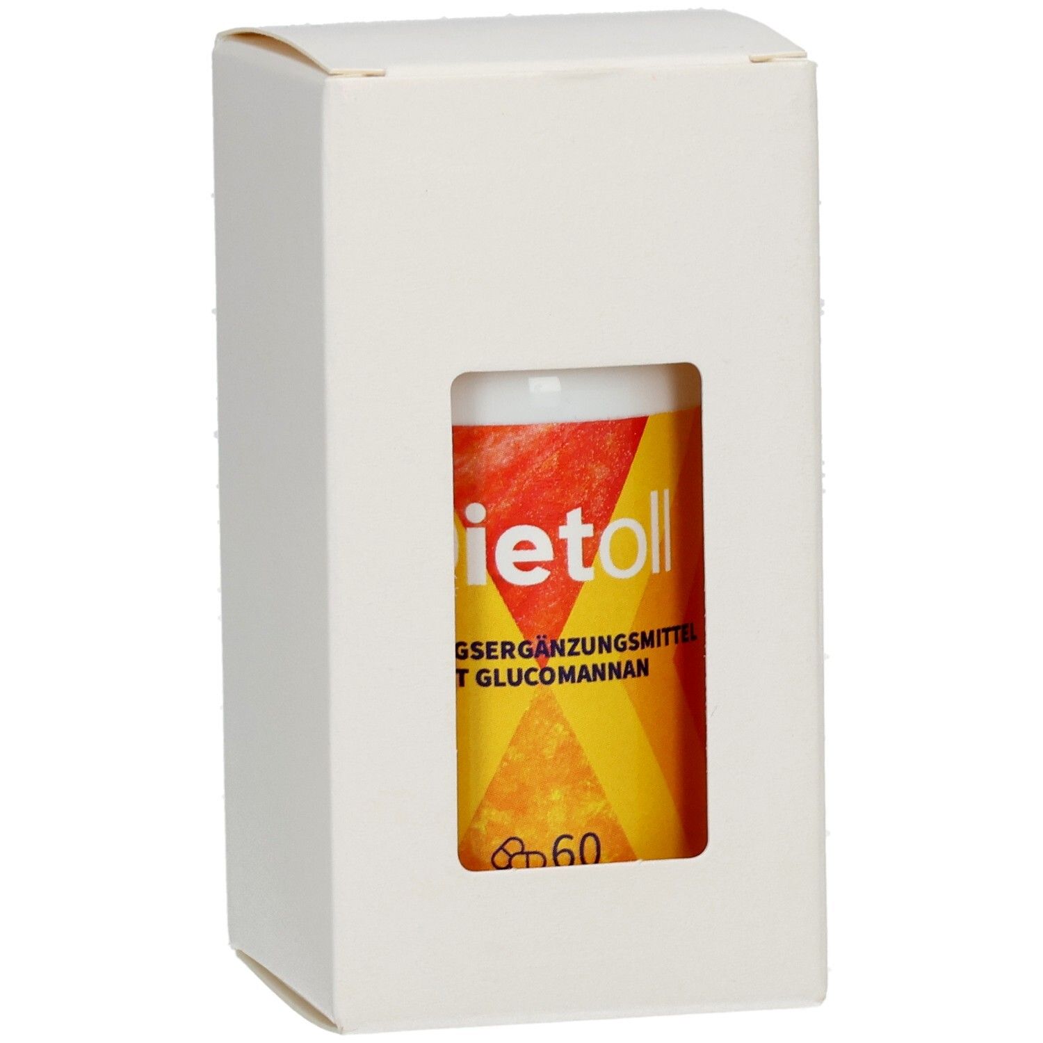 Confezione con finestra, mostra una bottiglia di Dietoll con glucomannano e il numero 60.