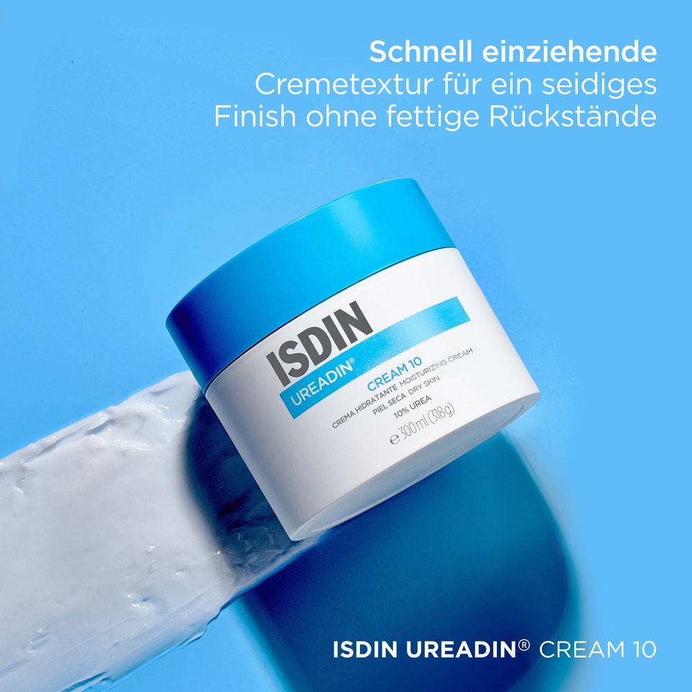 Vaso di crema con coperchio blu. Scritta: ISDIN UREADIN CREAM 10. Testo: Texture crema ad assorbimento rapido.
