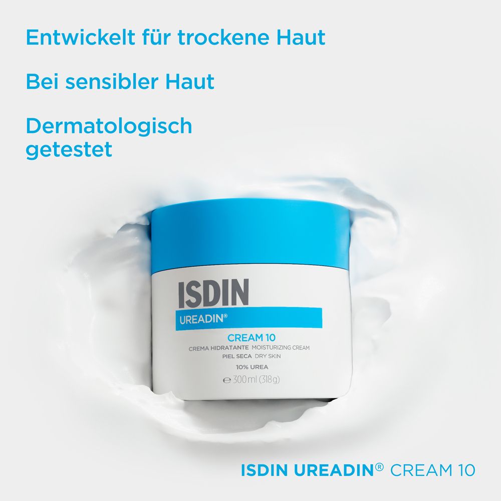 Vaso di crema con coperchio blu. Scritta: ISDIN UREADIN CREAM 10. Testo: Progettato per pelli secche.