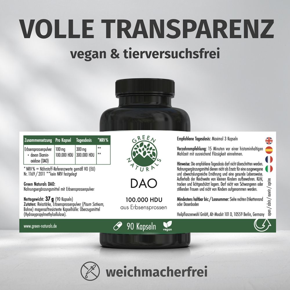 Contenitore GREEN NATURALS DAO con etichetta che indica vegano e cruelty-free.