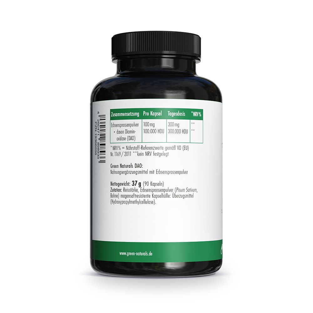 Retro del contenitore GREEN NATURALS DAO con informazioni nutrizionali e sigilli.