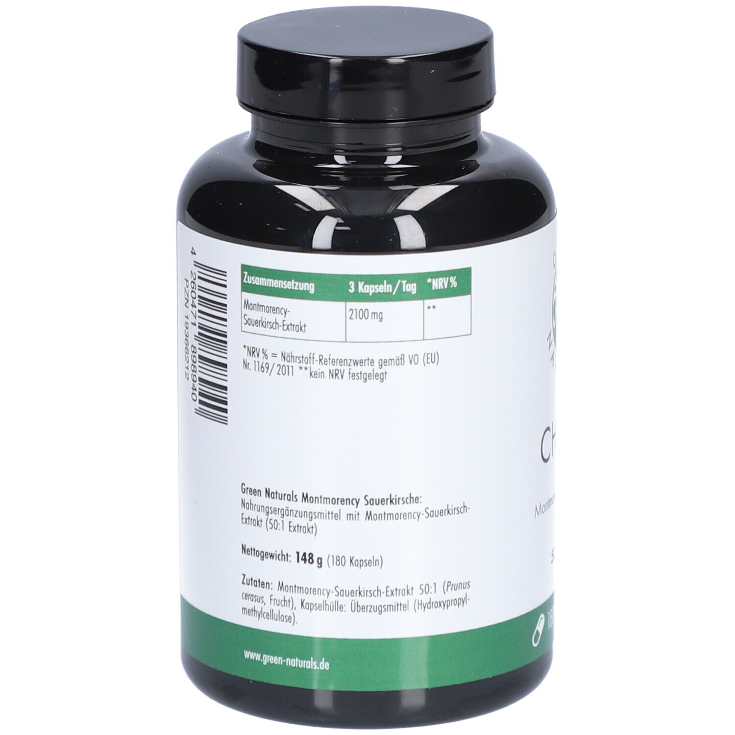 Vista posteriore del flacone nero. Etichetta con informazioni nutrizionali e ingredienti. Testo: Estratto di Montmorency Sauerkirsche, 2100mg.
