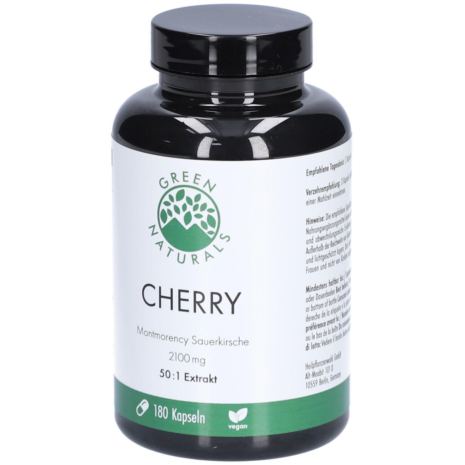 Flacone nero con etichetta bianca. Scritta: Green Naturals Cherry, Montmorency Sauerkirsche 2100mg, 180 capsule, vegan.