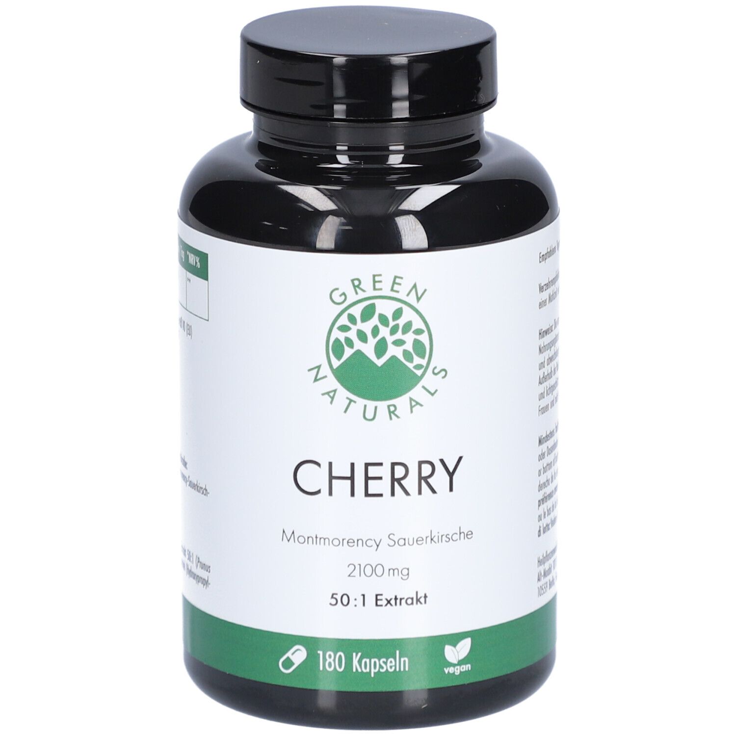 Flacone nero con etichetta bianca. Scritta: Green Naturals Cherry, Montmorency Sauerkirsche 2100mg, 180 capsule, vegan.
