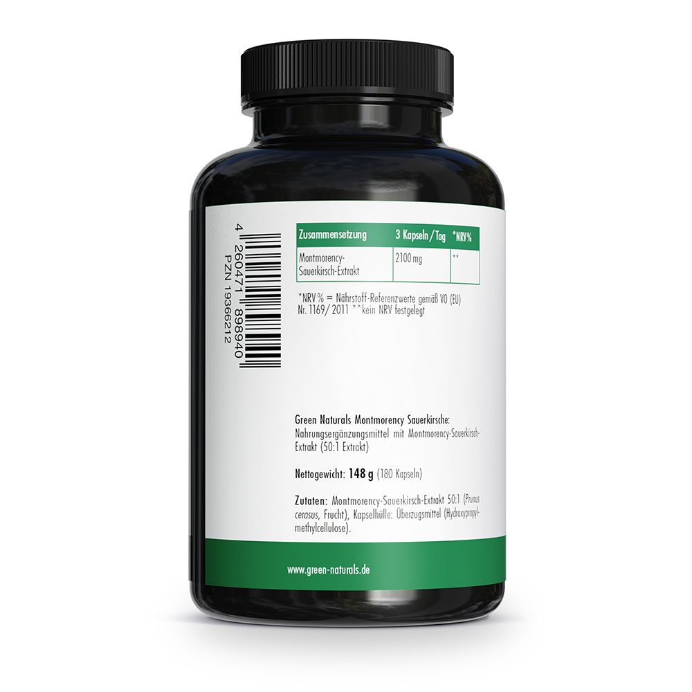 Retro di una bottiglia di capsule di ciliegia acida GREEN NATURALS con informazioni nutrizionali e numero PZN.