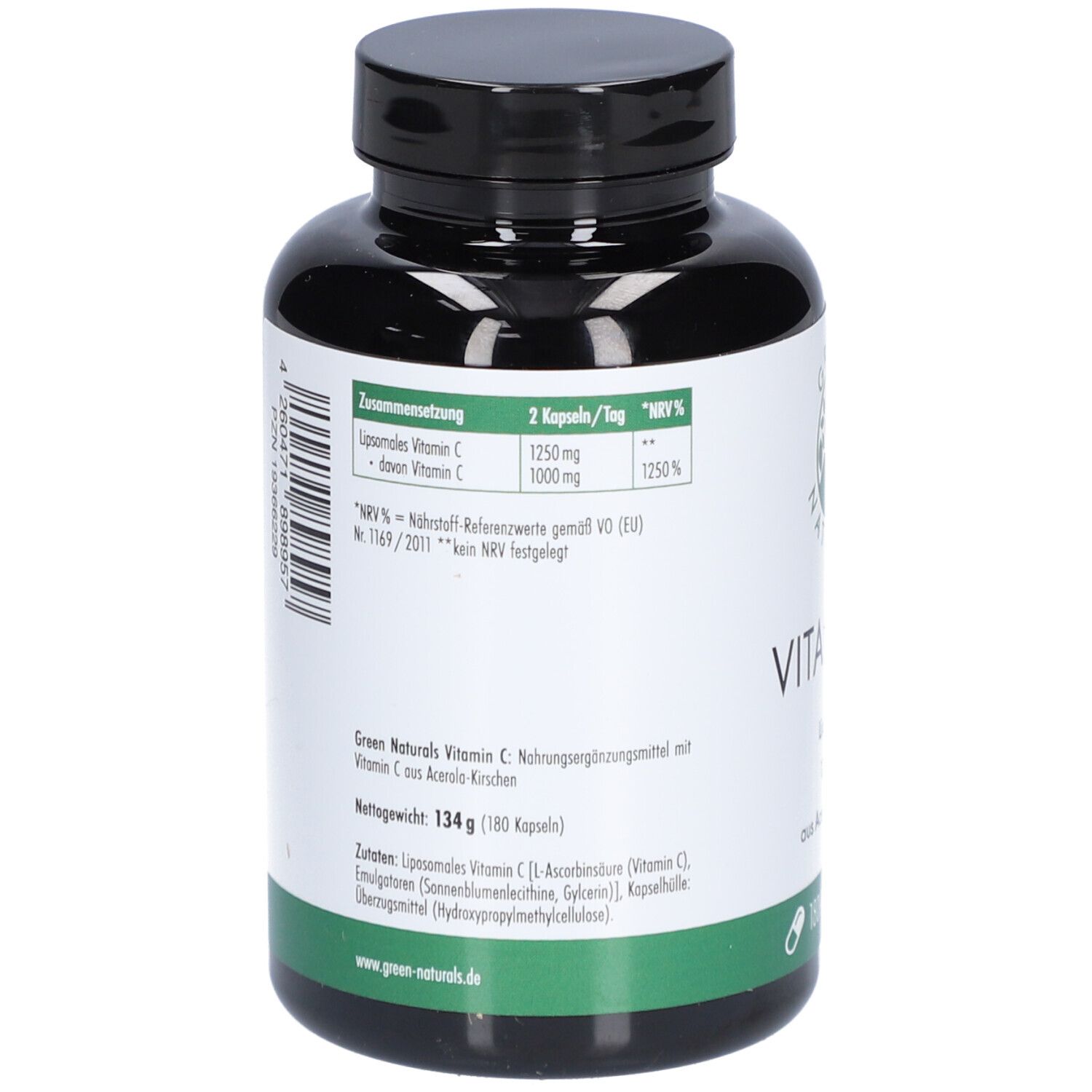 Retro del flacone. Ingredienti, valori nutrizionali e produttore. "GREEN NATURALS Vitamin C" con ciliegia acerola.