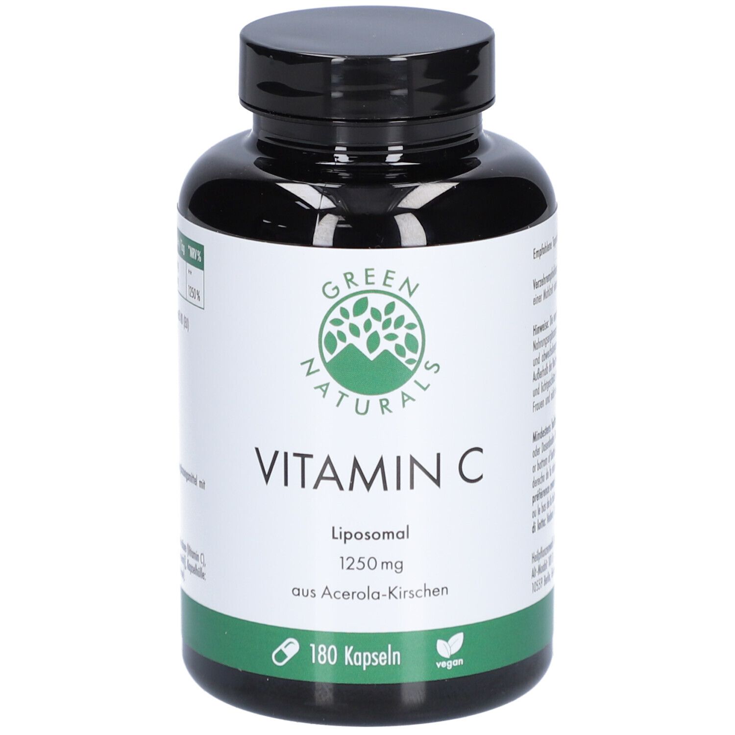 Flacone nero "GREEN NATURALS Vitamin C". 180 capsule, vegan. Liposomiale, 1250 mg da ciliegia acerola.