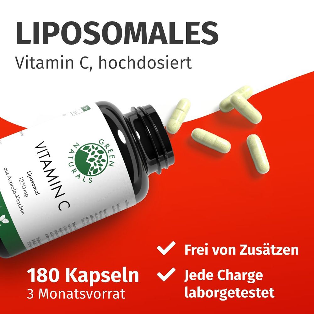 Barattolo da 180 capsule di Vitamina C liposomiale, 1250 mg, con capsule sparse.