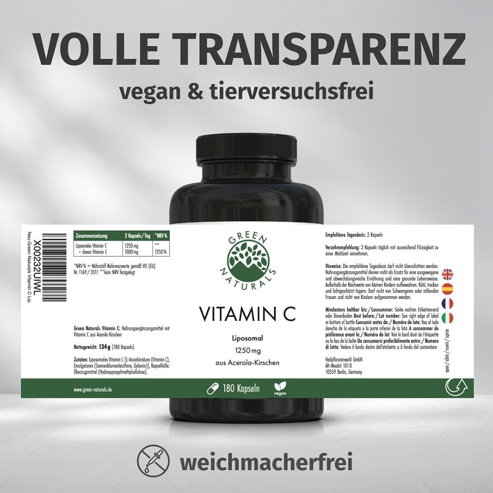 Barattolo di Vitamina C con etichetta: 180 capsule, vegano, liposomiale, 1250 mg, da ciliegie acerola.