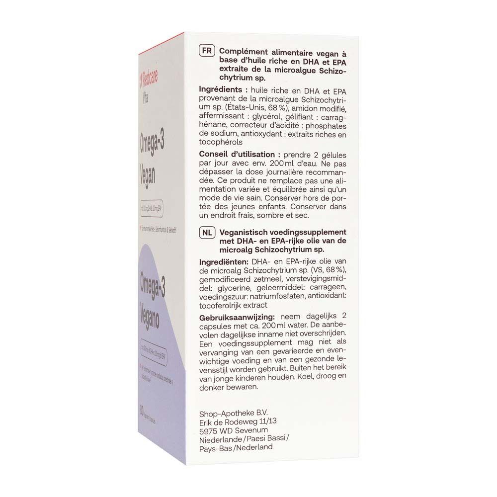 Retro della confezione Redcare Omega-3 Vegan, testo multilingue.