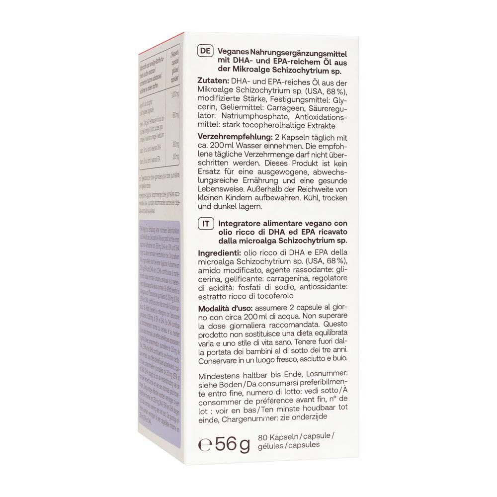 Retro della confezione Redcare Omega-3 Vegan, ingredienti e modalità d'uso.