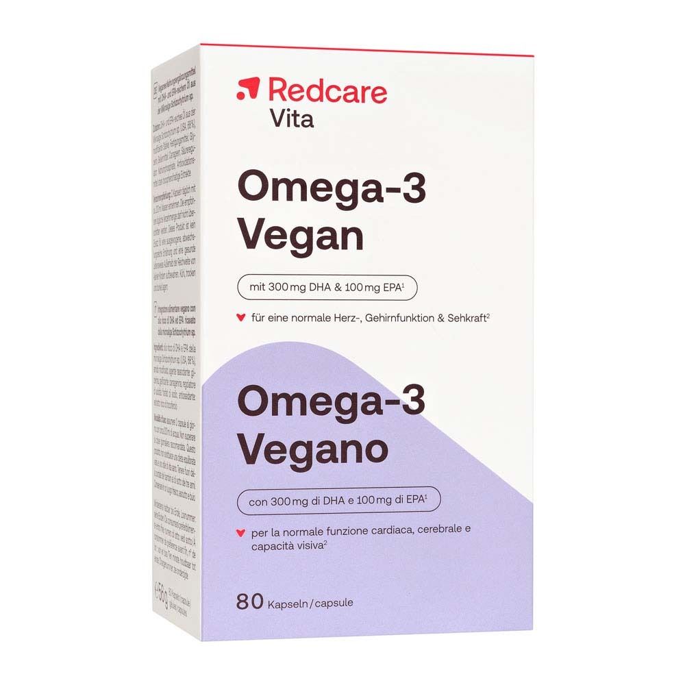 Confezione Redcare Omega-3 Vegan. Contiene 80 capsule.