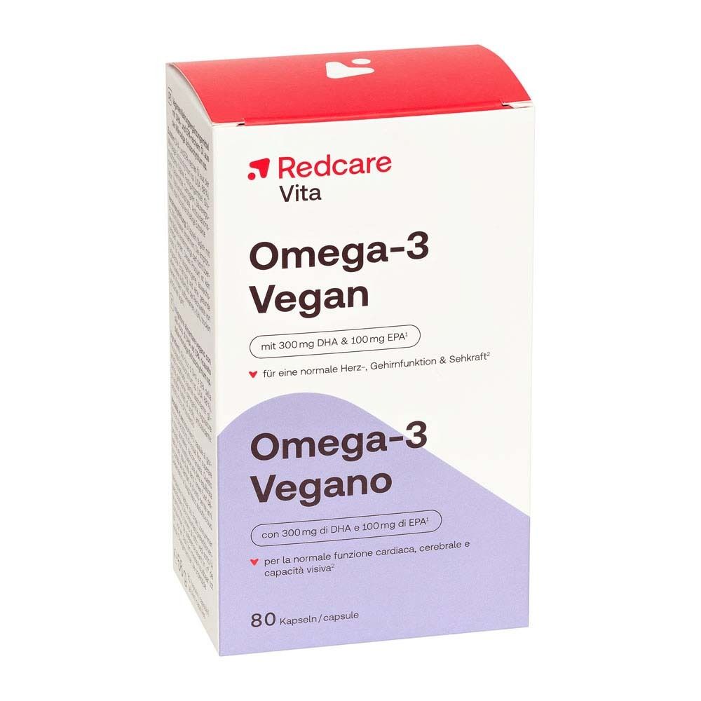Confezione Redcare Omega-3 Vegan. Contiene 80 capsule.