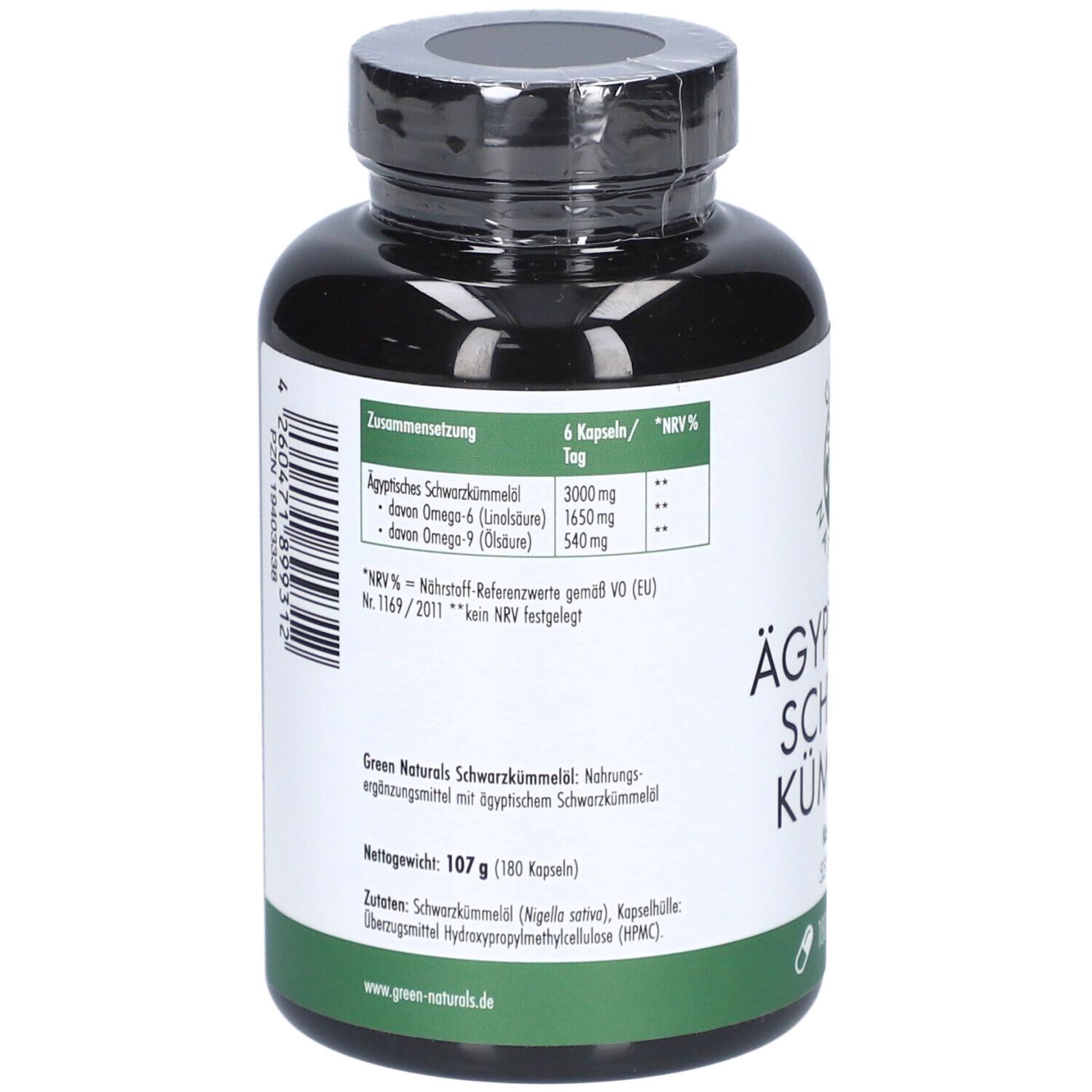 Retro del flacone. Scritta: Composizione, 107g, 180 capsule. Informazioni sugli ingredienti e il produttore.