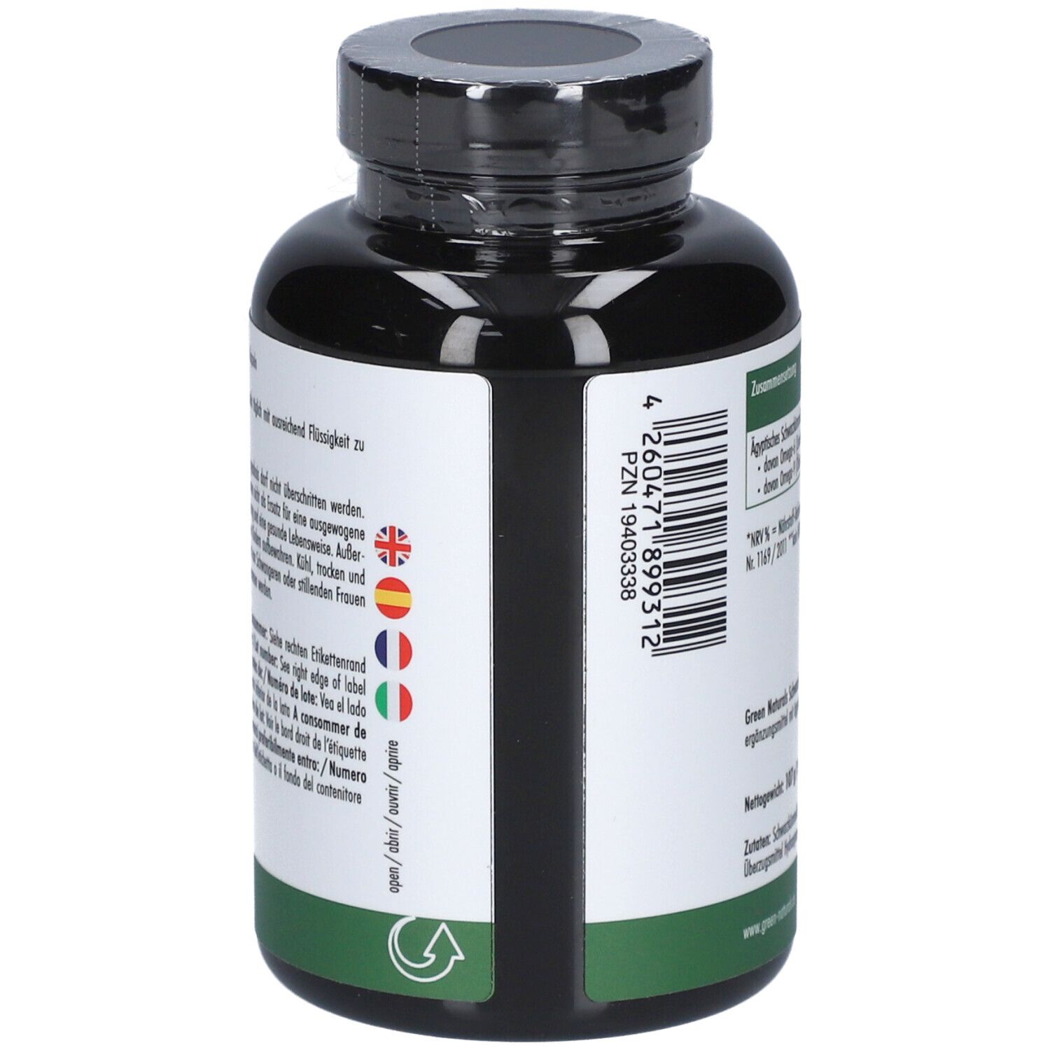 Flacone di capsule, vista laterale. Scritta: PZN, codice a barre, indirizzo del produttore. Istruzioni multilingue.