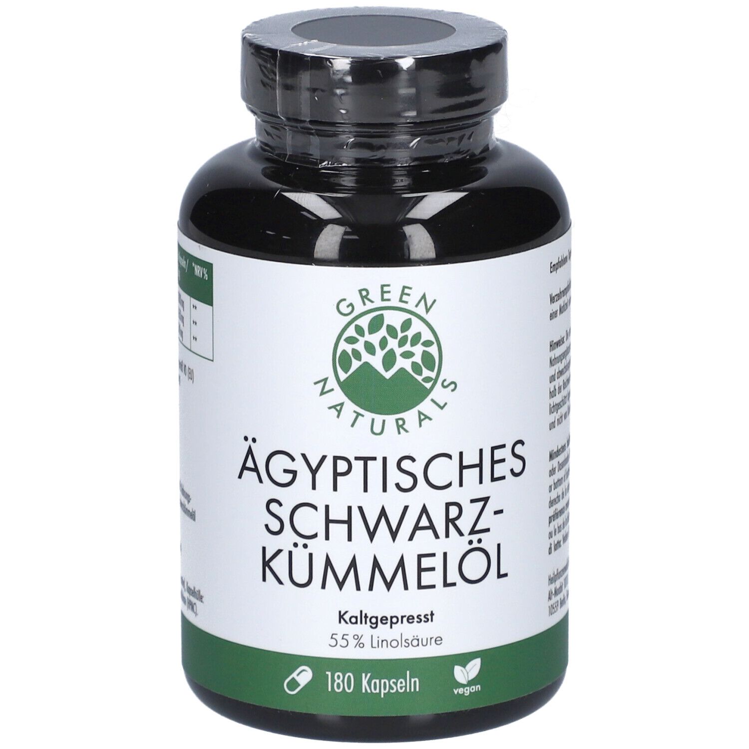 Flacone di capsule, leggermente obliquo. Scritta: Ägyptisches Schwarzkümmelöl, 180 capsule, Green Naturals. Sigillo vegano.