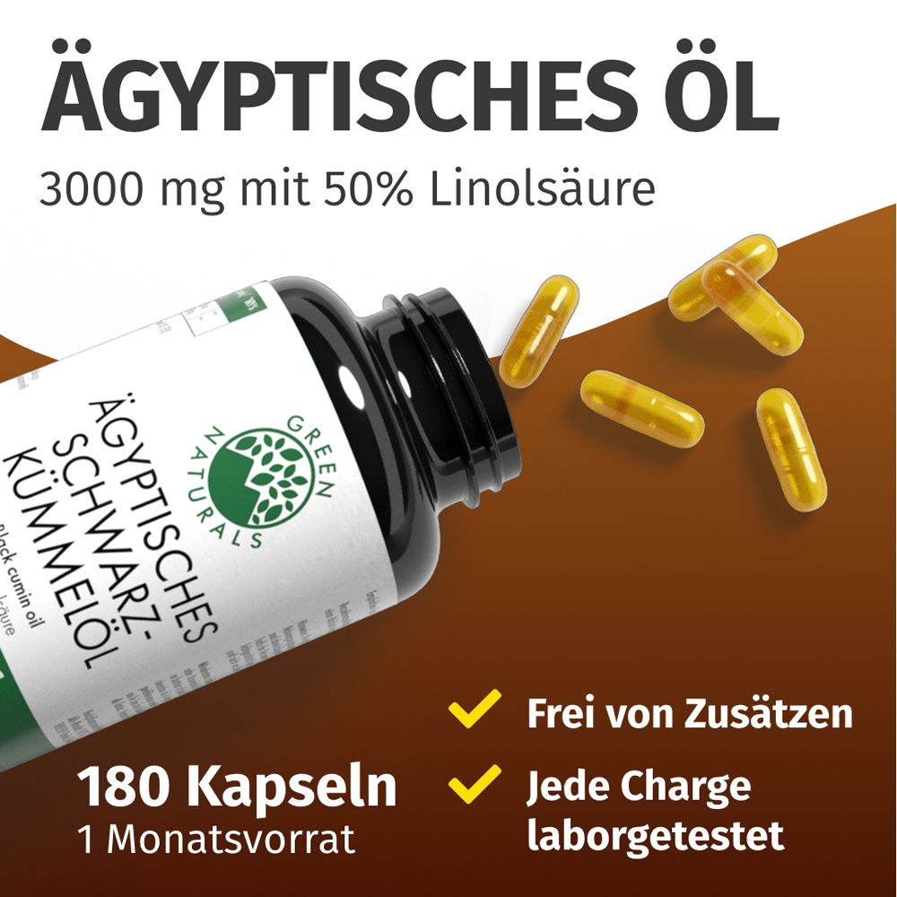 Capsule di olio di semi neri, 3000 mg, 180 capsule. Alcune capsule accanto al barattolo.