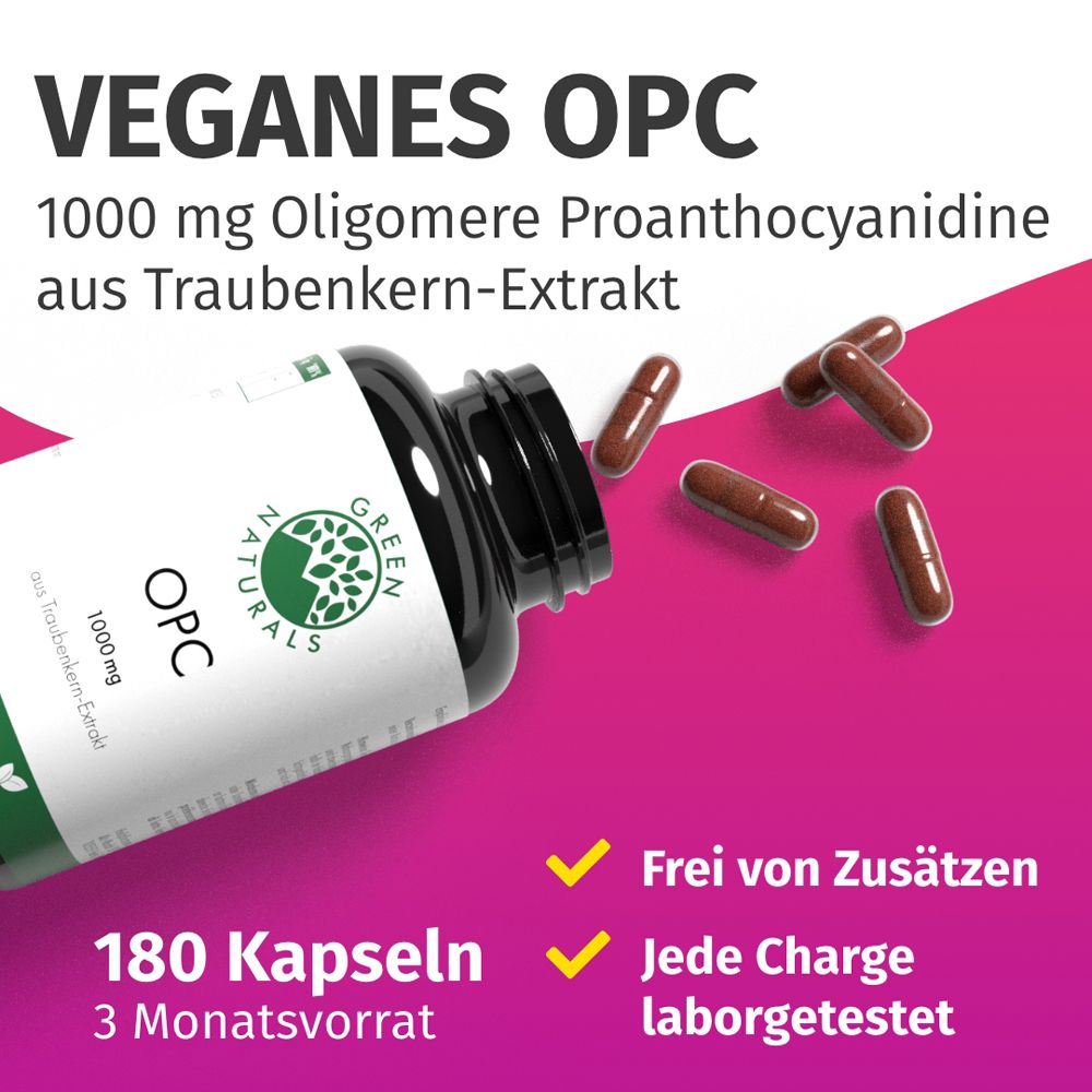 OPC vegano 1000 mg da estratto di semi d'uva, 180 capsule, testato in laboratorio.