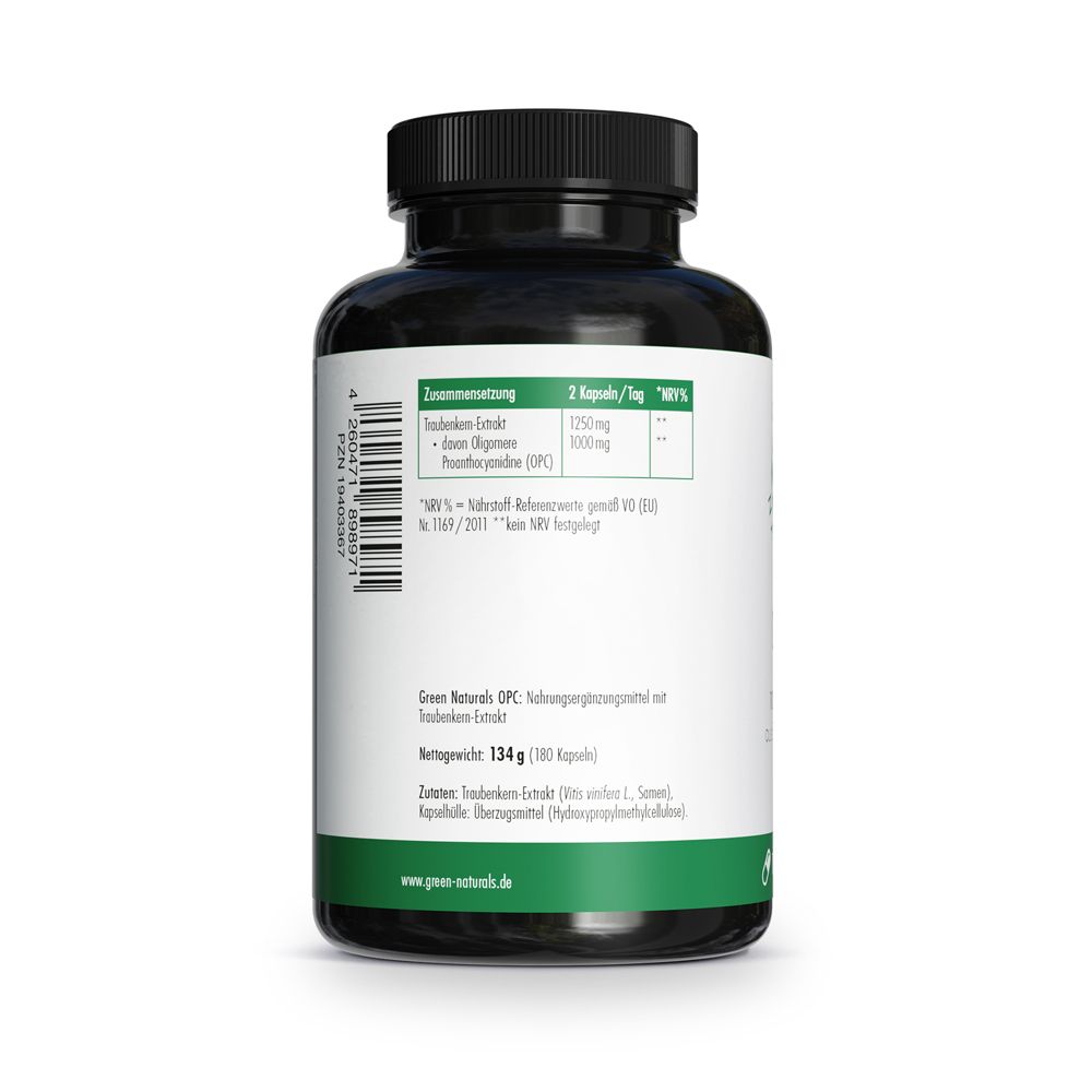 Retro del barattolo: Composizione, valori nutrizionali, Green Naturals OPC, quantità netta.