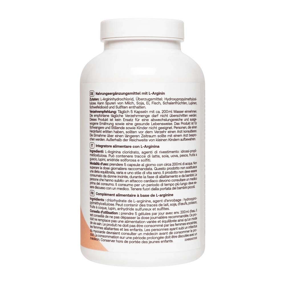 Retro del flacone Redcare L-Arginina. Testo in tedesco, italiano, olandese e francese. Ingredienti e utilizzo.
